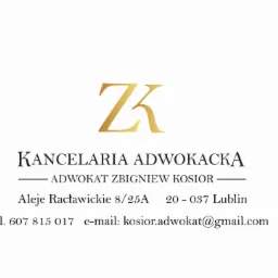 Logo kancelarii adwokackiej z inicjałami ZK, adresem Aleje Racławickie 8/25A w Lublinie, numerem telefonu 607 815 017 oraz adresem e-mail kosior.adwokat@gmail.com.