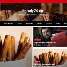 Zrzut ekranu strony internetowej Porady24.eu z widocznym menu nawigacyjnym i miniaturami artykułów z różnych kategorii, w tym kulinariów, rozrywki i biznesu.