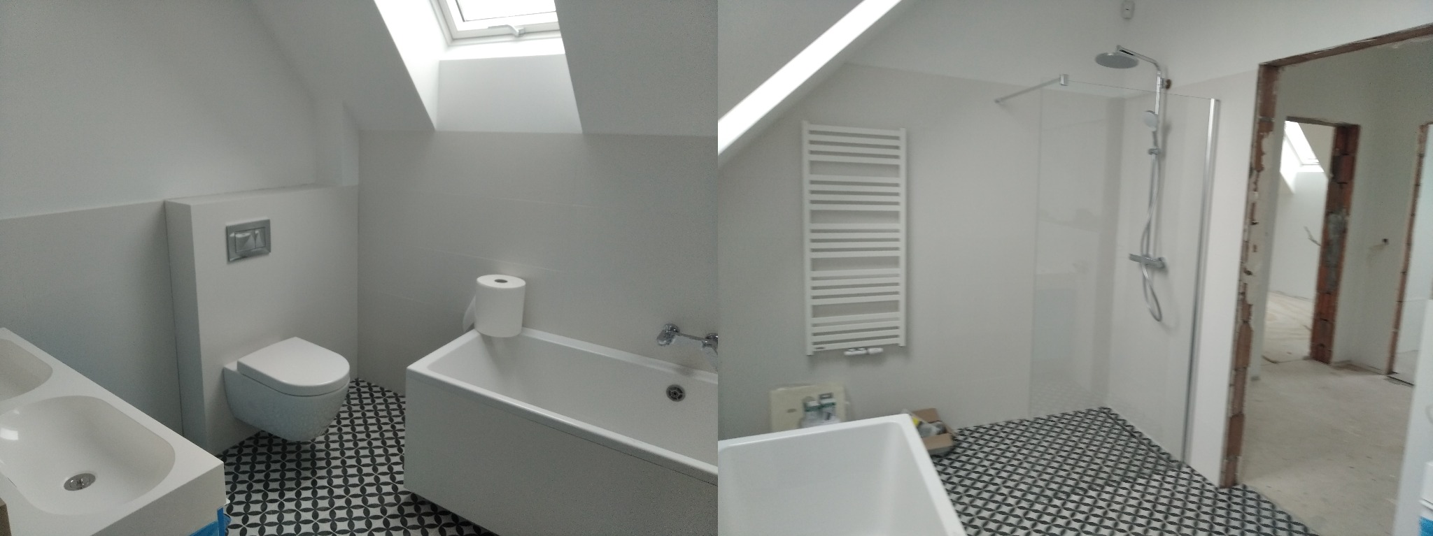 Nowoczesna łazienka na poddaszu z białą armaturą, wzorzystą podłogą i grzejnikiem drabinkowym, widok na sąsiednie pomieszczenie w trakcie remontu.