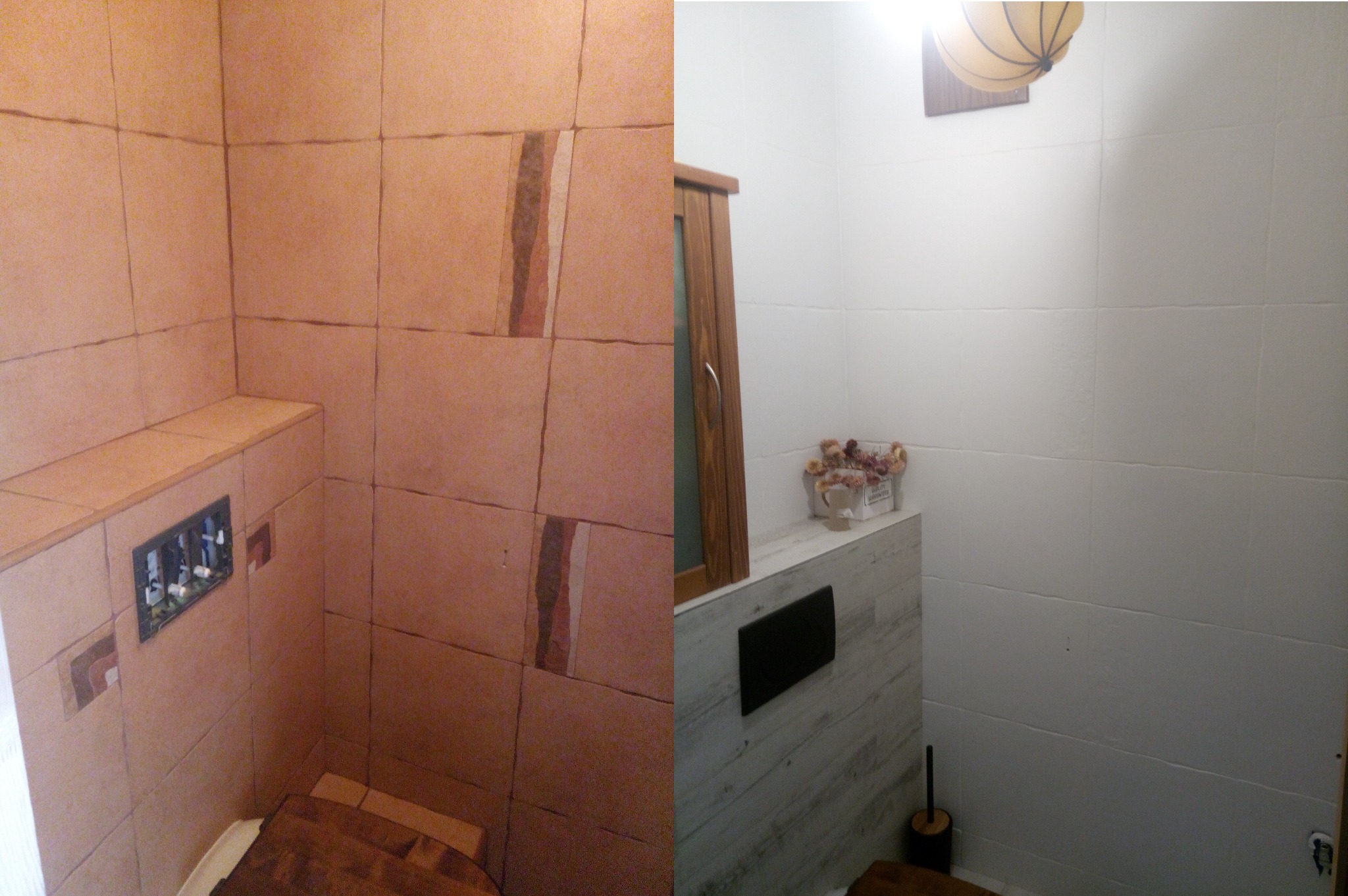 Dwie ściany łazienki: jedna z beżowych płytek z dekoracyjnymi paskami, druga z białych płytek z drewnopodobną okładziną i czarnym przyciskiem spłuczki.