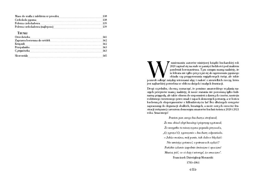 Strona książki kucharskiej z listą przepisów na słodkości i trunki, otwierająca się wstępem autora o pandemii i kulinarnych wspomnieniach, zakończona wierszem o kucharzu.