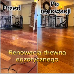 Porównanie podłogi z egzotycznego drewna przed i po renowacji; widoczne uszkodzenia i ślady użytkowania po lewej stronie oraz gładka, odnowiona powierzchnia po prawej stronie, z elementami schodów...