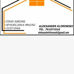 Grafika przedstawiająca logo firmy budowlanej BUD-OLI z ofertą obejmującą stany surowe, wykończenia wnętrz i ocieplenia oraz danymi kontaktowymi Aleksandra Klimowskiego.