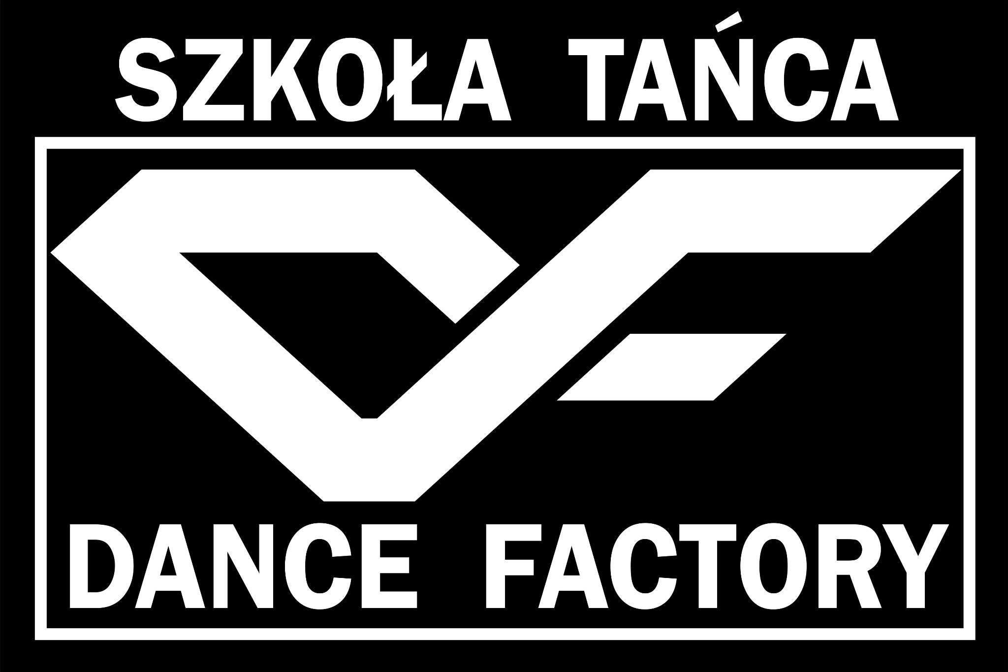 Logo w kolorze białym na czarnym tle z napisem 'SZKOŁA TAŃCA' nad abstrakcyjnym symbolem i 'DANCE FACTORY' poniżej, całość obramowana białą linią.