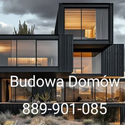 Krystian Wasilewski Usługi Remontowo-Budowlane - Nowoczesny dom modułowy z kontenerów w surowym, minimalistycznym stylu, z dużymi przeszkleniami, otoczony pustynną roślinnością i górskim krajobrazem w tle.
