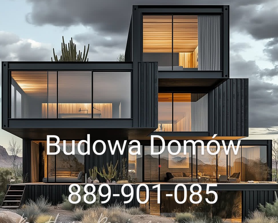 Nowoczesny dom modułowy z kontenerów w surowym, minimalistycznym stylu, z dużymi przeszkleniami, otoczony pustynną roślinnością i górskim krajobrazem w tle.