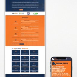 DESIGN M8 - Responsywny layout strony Digna Plus na smartfonie, prezentujący innowacyjne rozwiązania termoizolacyjne. Widoczne produkty: Top, Outdoor, Bond, Interior.