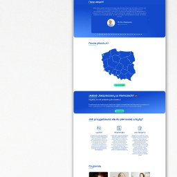 DESIGN M8 - Responsywny layout strony internetowej Dentarama, widoczny na ekranie smartfona i monitora. Niebieska kolorystyka, nowoczesny design, ikony specjalizacji stomatologicznych.