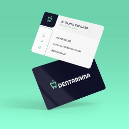 DESIGN M8 - Dwie wizytówki dentystyczne na turkusowym tle. Górna wizytówka z danymi lekarza, dolna z logo firmy Dentarama. Minimalistyczny design, nowoczesna typografia.