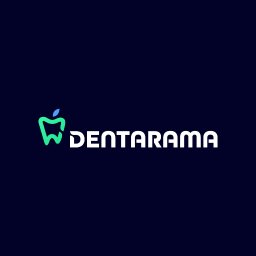DESIGN M8 - Minimalistyczne logo 'Dentarama' na granatowym tle. Symbol jabłka z liściem w odcieniach zieleni po lewej, nazwa firmy po prawej, napisana nowoczesną, białą czcionką.