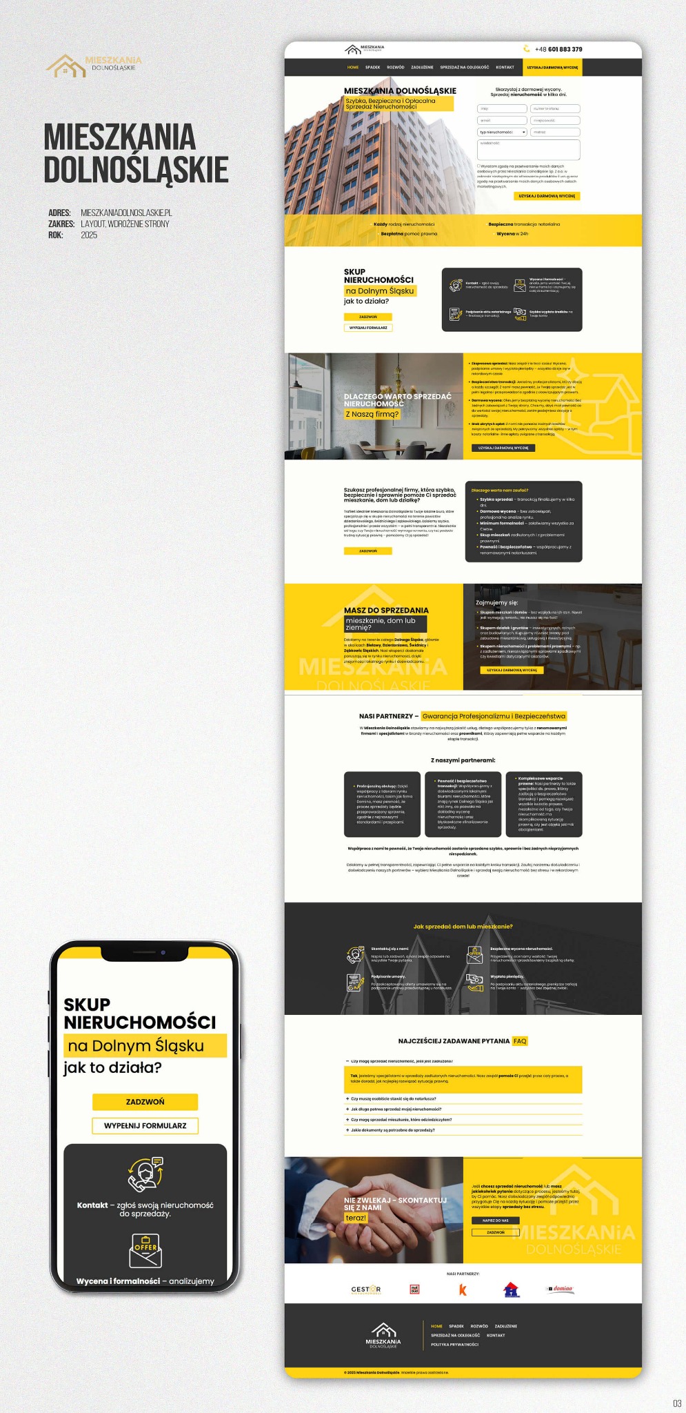 Responsywny układ strony internetowej z żółtymi akcentami, prezentujący ofertę skupu nieruchomości na Dolnym Śląsku. Widoczny smartfon z mobilną wersją witryny.