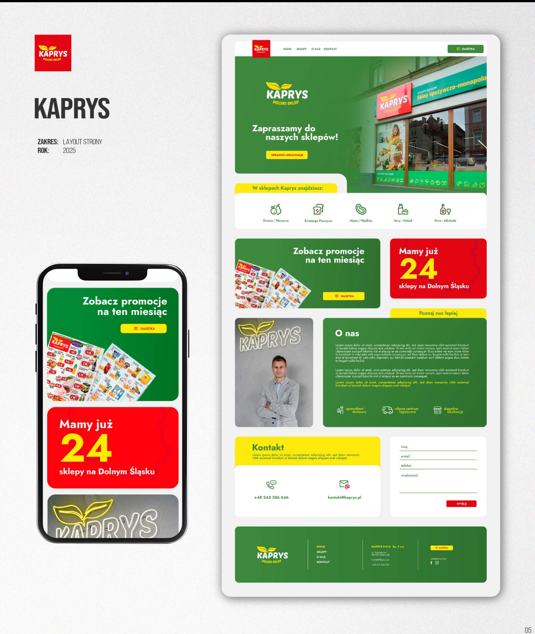 Projekt strony internetowej sklepu spożywczego Kaprys, z layoutem strony na rok 2025. Widoczne elementy graficzne, menu, promocje i dane kontaktowe.