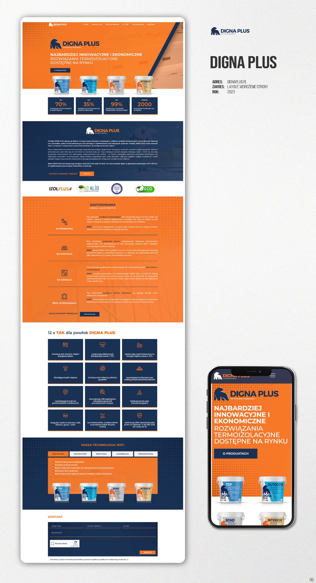 Responsywny layout strony Digna Plus na smartfonie, prezentujący innowacyjne rozwiązania termoizolacyjne. Widoczne produkty: Top, Outdoor, Bond, Interior.