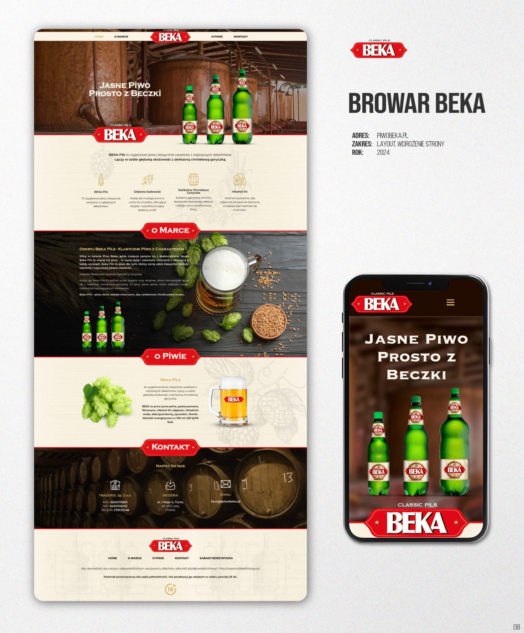Responsywny layout strony Browaru Beka na urządzeniach desktop i mobile. Prezentacja piwa, informacji o firmie i danych kontaktowych. Estetyczny design z 2024 roku.