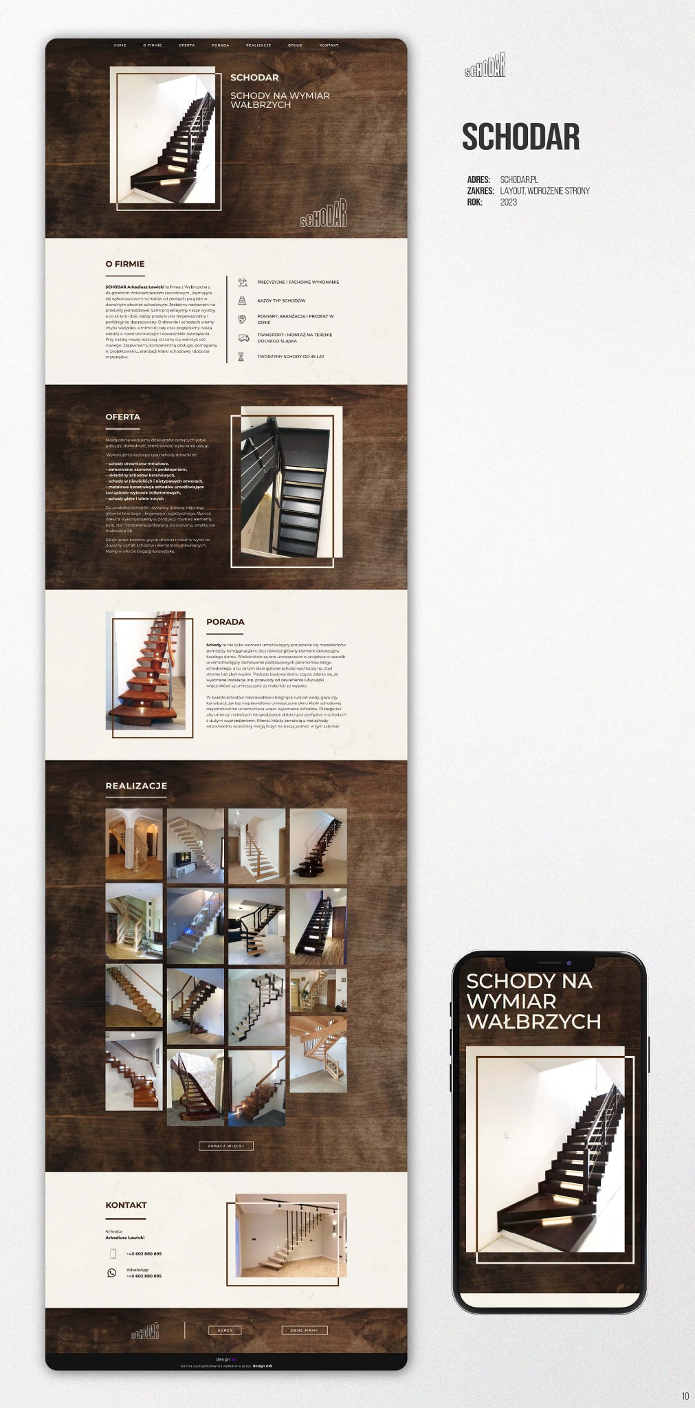 Strona internetowa firmy Schodar prezentuje schody na wymiar. Układ strony zawiera zdjęcia schodów, informacje o firmie i dane kontaktowe, wyświetlana na ekranie smartfona.