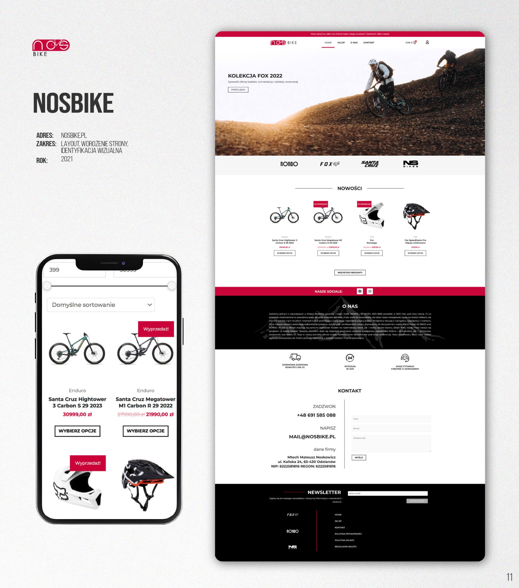 Responsywny design strony NOSBIKE na smartfonie: rowery Enduro Santa Cruz Hightower i Megatower na ekranie. Wyprzedaż! Estetyczny interfejs sklepu rowerowego.