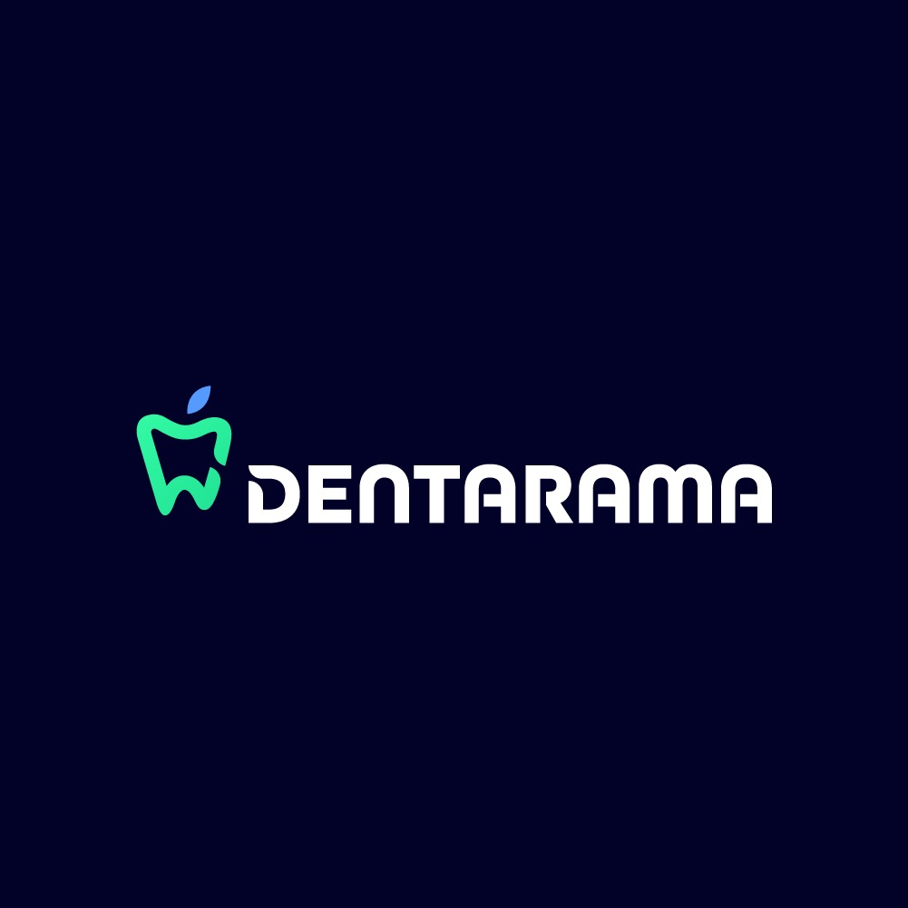 Minimalistyczne logo 'Dentarama' na granatowym tle. Symbol jabłka z liściem w odcieniach zieleni po lewej, nazwa firmy po prawej, napisana nowoczesną, białą czcionką.