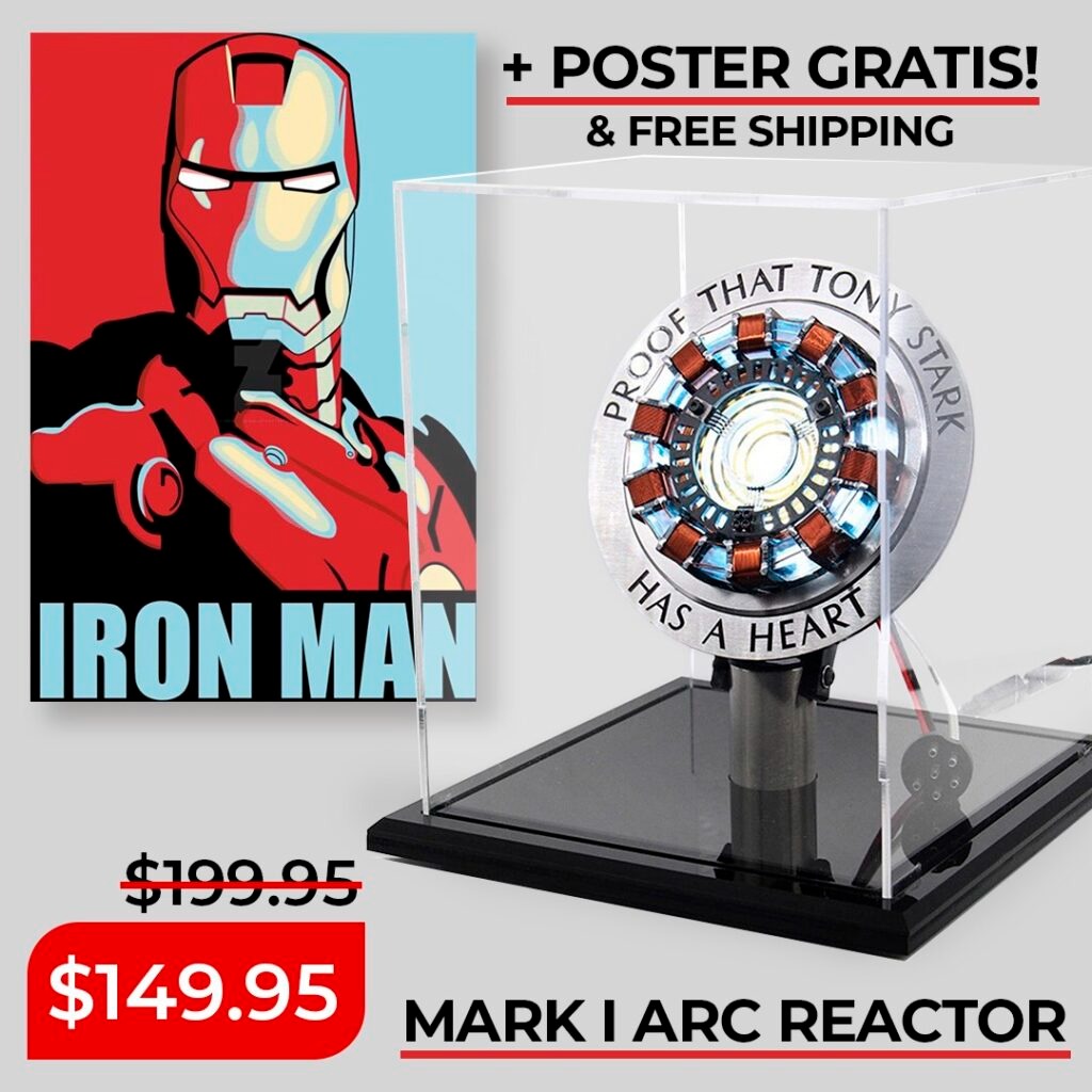 Iron Man: plakat z motywem komiksowym i reaktor łukowy Mark I w przezroczystej obudowie, promocyjna cena obniżona do 149.95 USD.