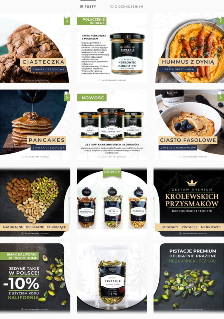 Grafiki na Instagram feed marki Karkonoska Tłocznia. Zamysłem było, aby pojedyncze grafiki tworzyły spójną całość.
