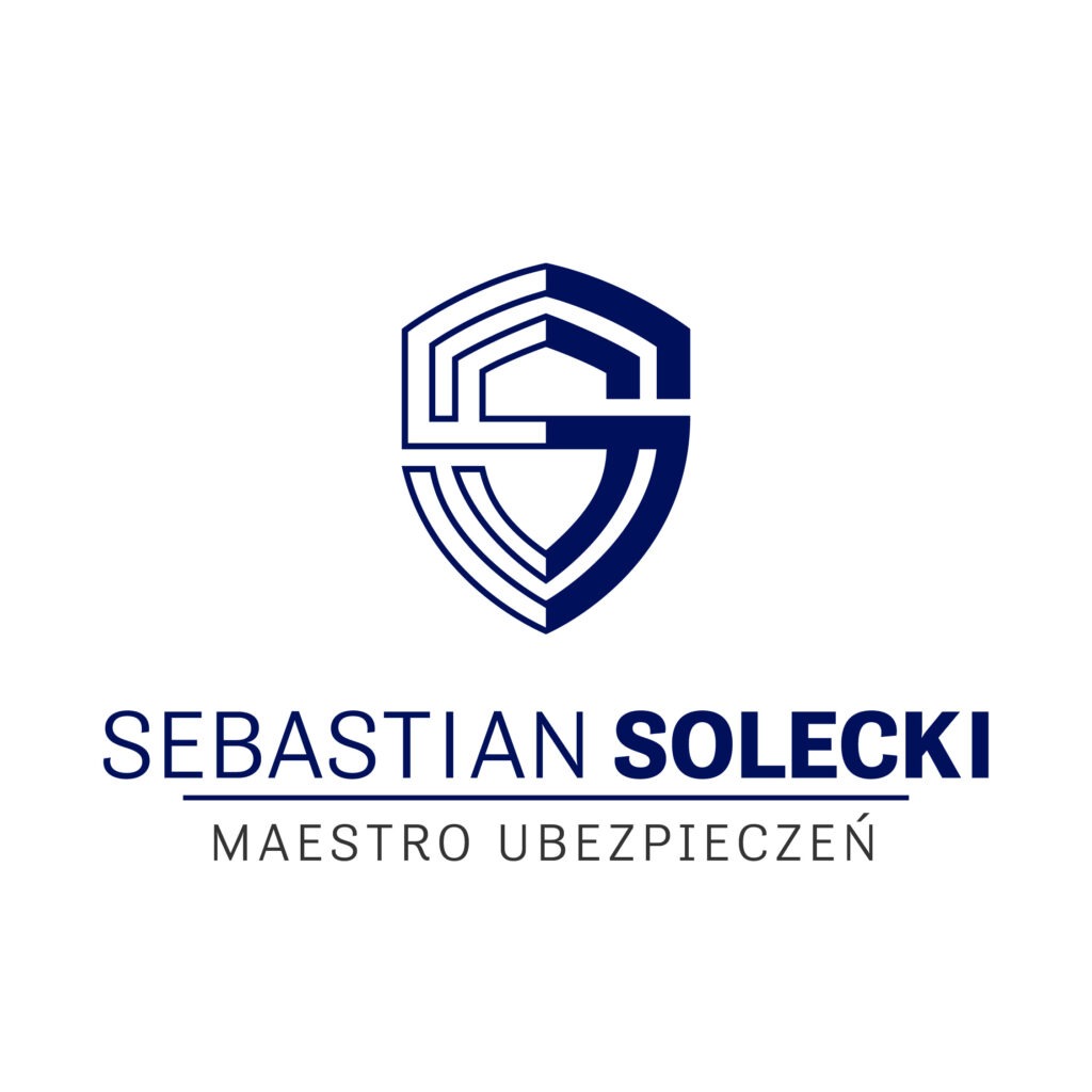Logo firmy ubezpieczeniowej: granatowy symbol tarczy z literą S wewnątrz, nazwa firmy 'Sebastian Solecki' i dopisek 'Maestro Ubezpieczeń' poniżej.