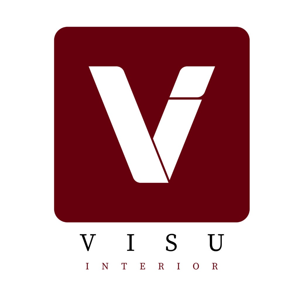 Logo firmy VISU Interior: Biała litera V z wyciętym fragmentem wewnątrz, umieszczona na bordowym kwadracie z zaokrąglonymi rogami. Pod spodem napis 'VISU' i 'INTERIOR' w dwóch rzędach.