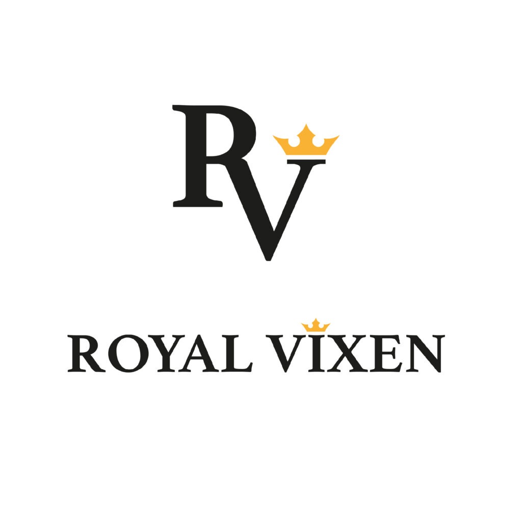 Logo firmy Royal Vixen z koroną nad literami RV i nazwą firmy poniżej, czcionka szeryfowa, kolor czarny i złoty, na białym tle.