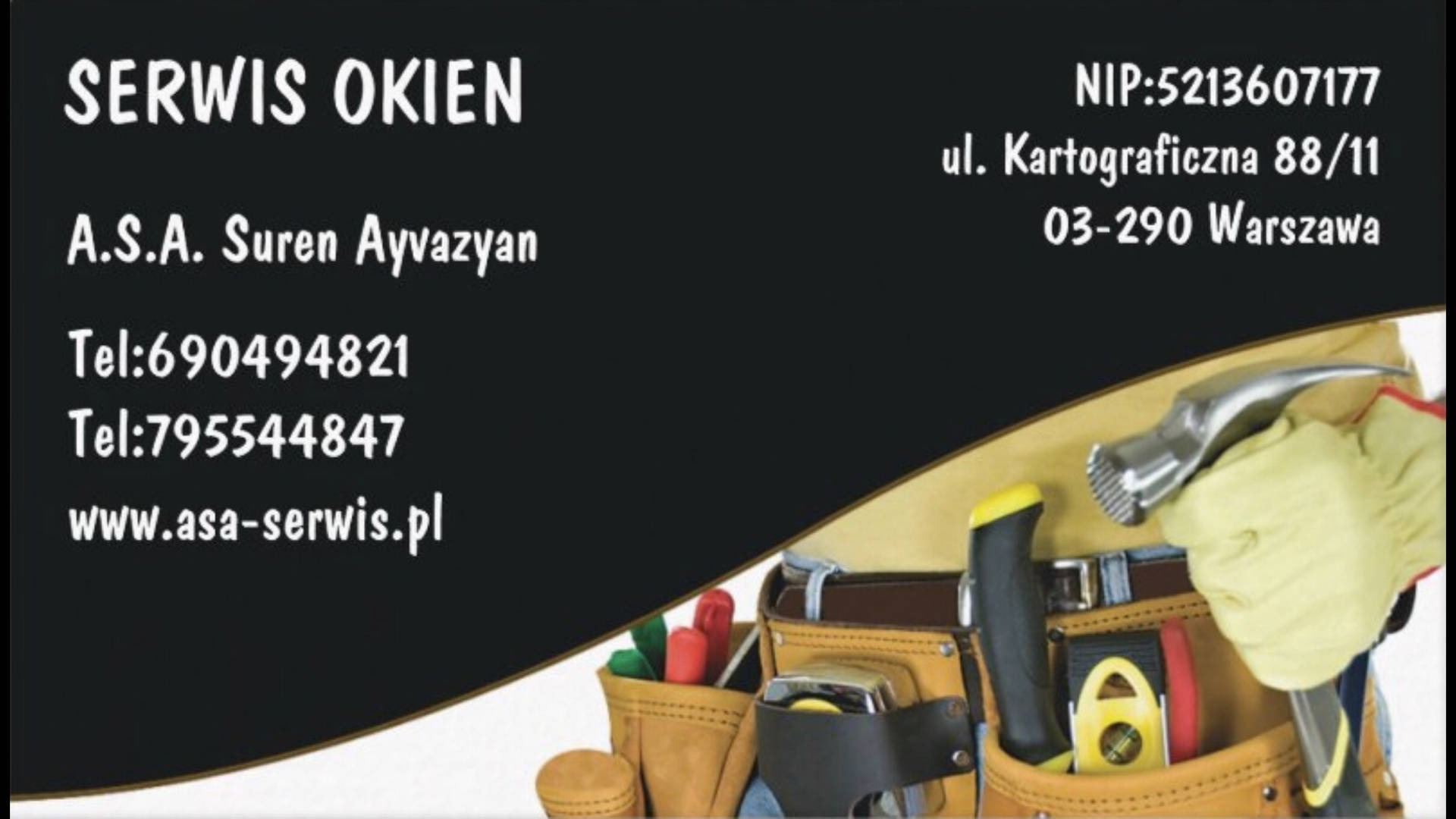 Wizytówka firmy Serwis Okien A.S.A. Suren Ayvazyan z numerami telefonów, adresem strony internetowej, NIP i adresem w Warszawie, obok widoczny pas narzędziowy z młotkiem i narzędziami.
