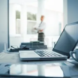 Laptop na biurku w jasnym biurze, obok filiżanka kawy, w tle osoba w koszuli.