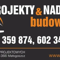 Grafika reklamowa biura usług projektowych z Kozłowa, oferującego projekty i nadzory budowlane, z numerami telefonów i adresem strony internetowej.