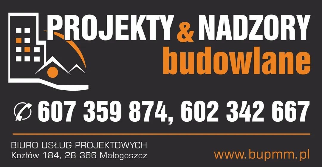Grafika reklamowa biura usług projektowych z Kozłowa, oferującego projekty i nadzory budowlane, z numerami telefonów i adresem strony internetowej.