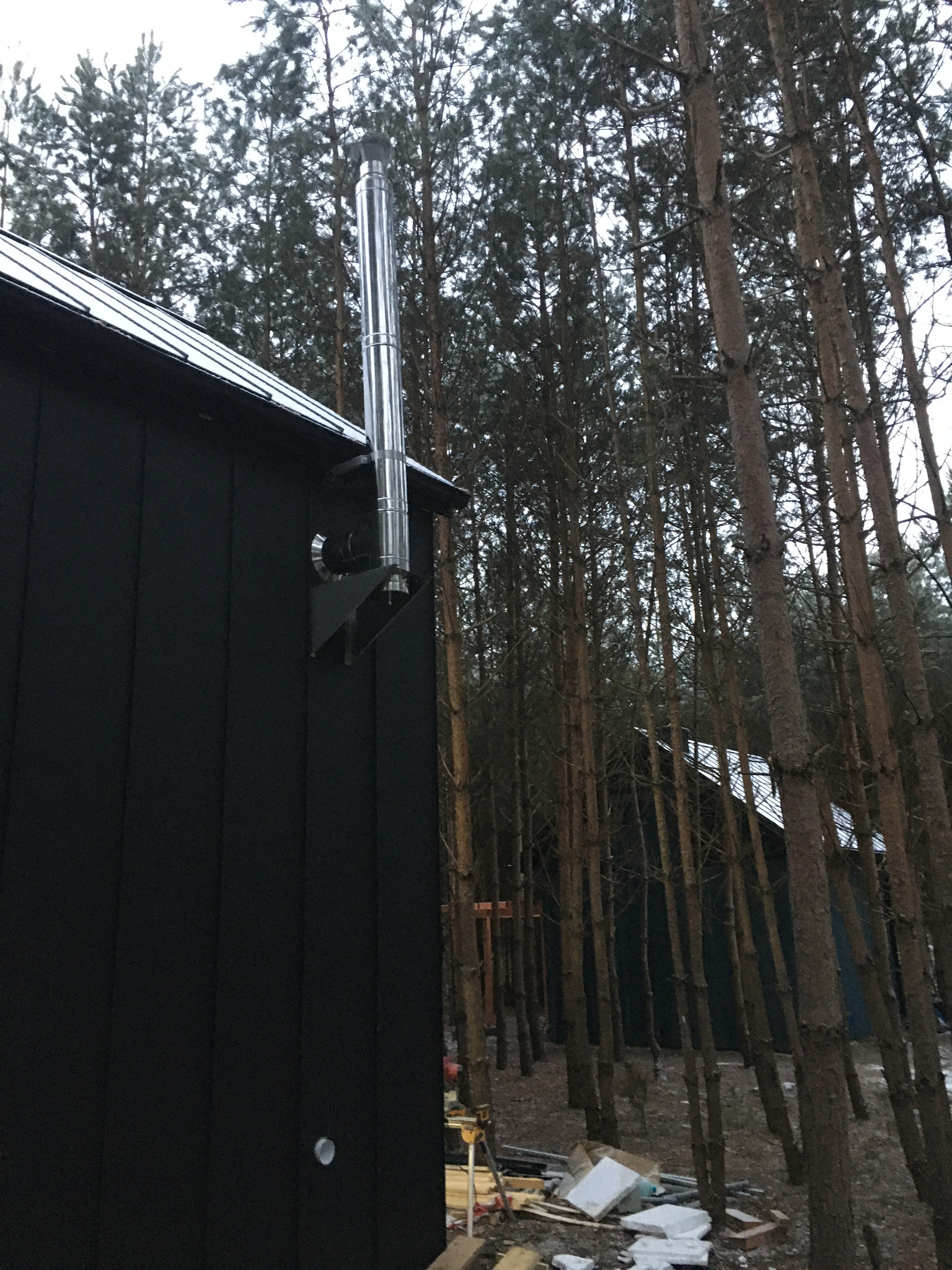 Ciemna elewacja budynku z metalowym kominem na tle lasu sosnowego w pochmurny dzień; widoczne materiały budowlane.