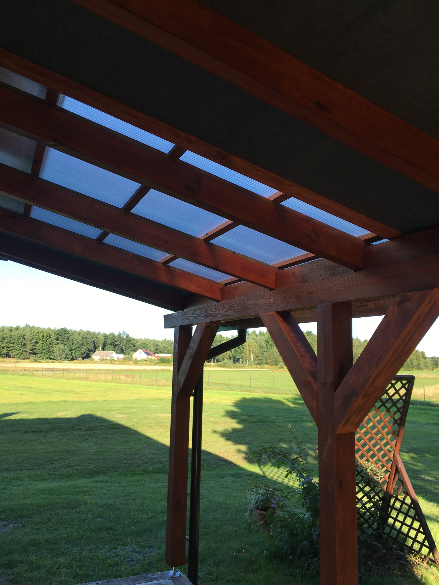 Drewniana konstrukcja z przezroczystym zadaszeniem, widok na zieloną łąkę i las w oddali.