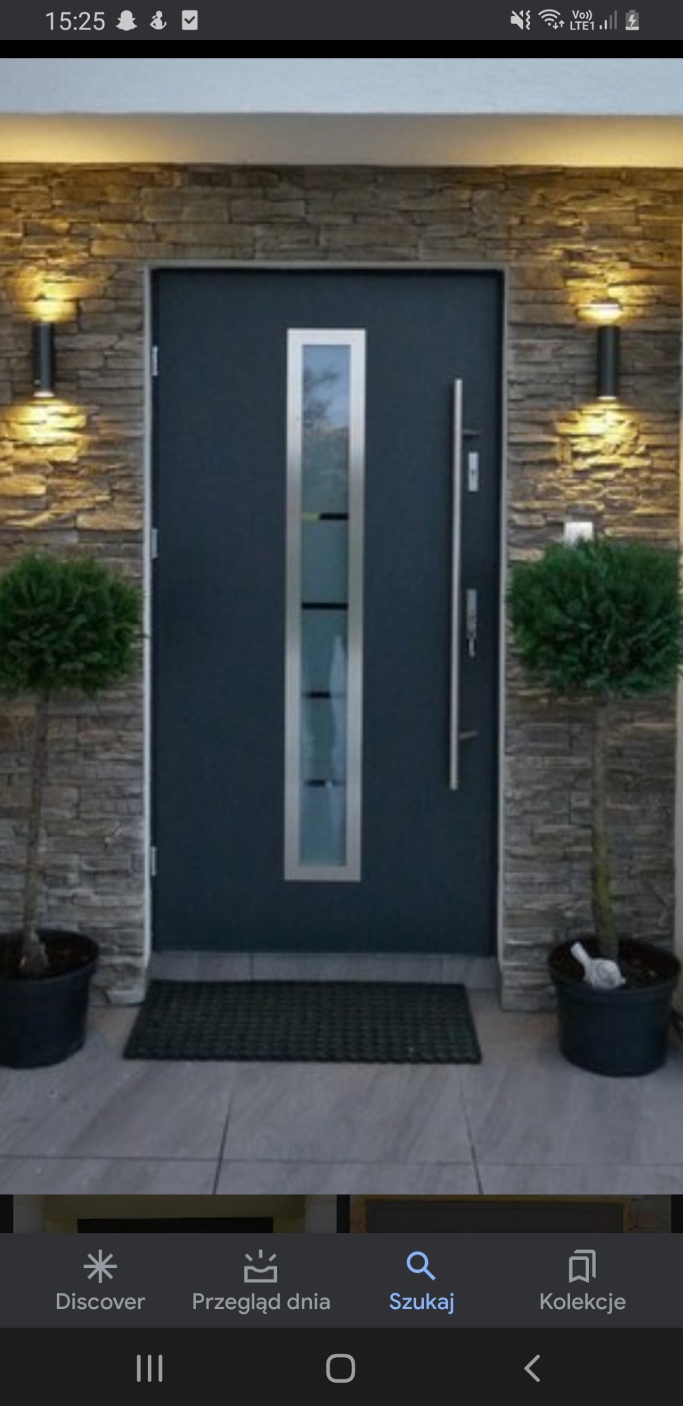 Nowoczesne drzwi wejściowe w kolorze grafitowym z pionowym przeszkleniem, oświetlone kinkietami na kamiennej elewacji, z dekoracyjnymi drzewkami w donicach po bokach.