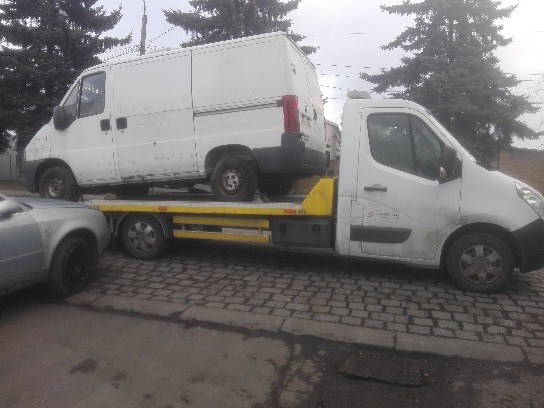 Biała laweta z białym busem na platformie, widok z boku na tle drzew i chodnika z kostki.