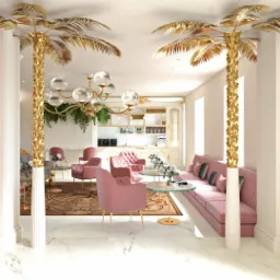 Wnętrze kawiarni z różowymi meblami, złotymi palmami i marmurową podłogą, widok na zaplecze z białymi płytkami.