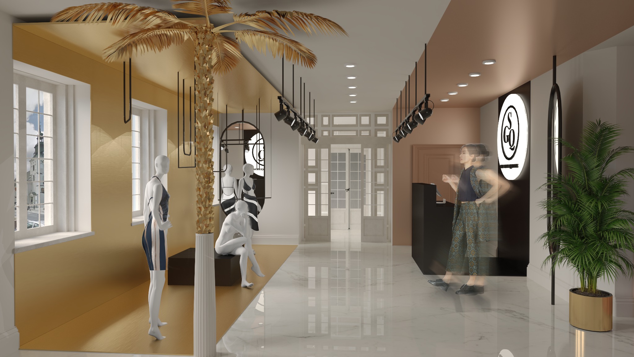 Wizualizacja projektu wnętrza butiku odzieżowego z złotą palmą dekoracyjną, manekinami w strojach kąpielowych, recepcją i klientką w ruchu, oświetleniem punktowym i marmurową podłogą.