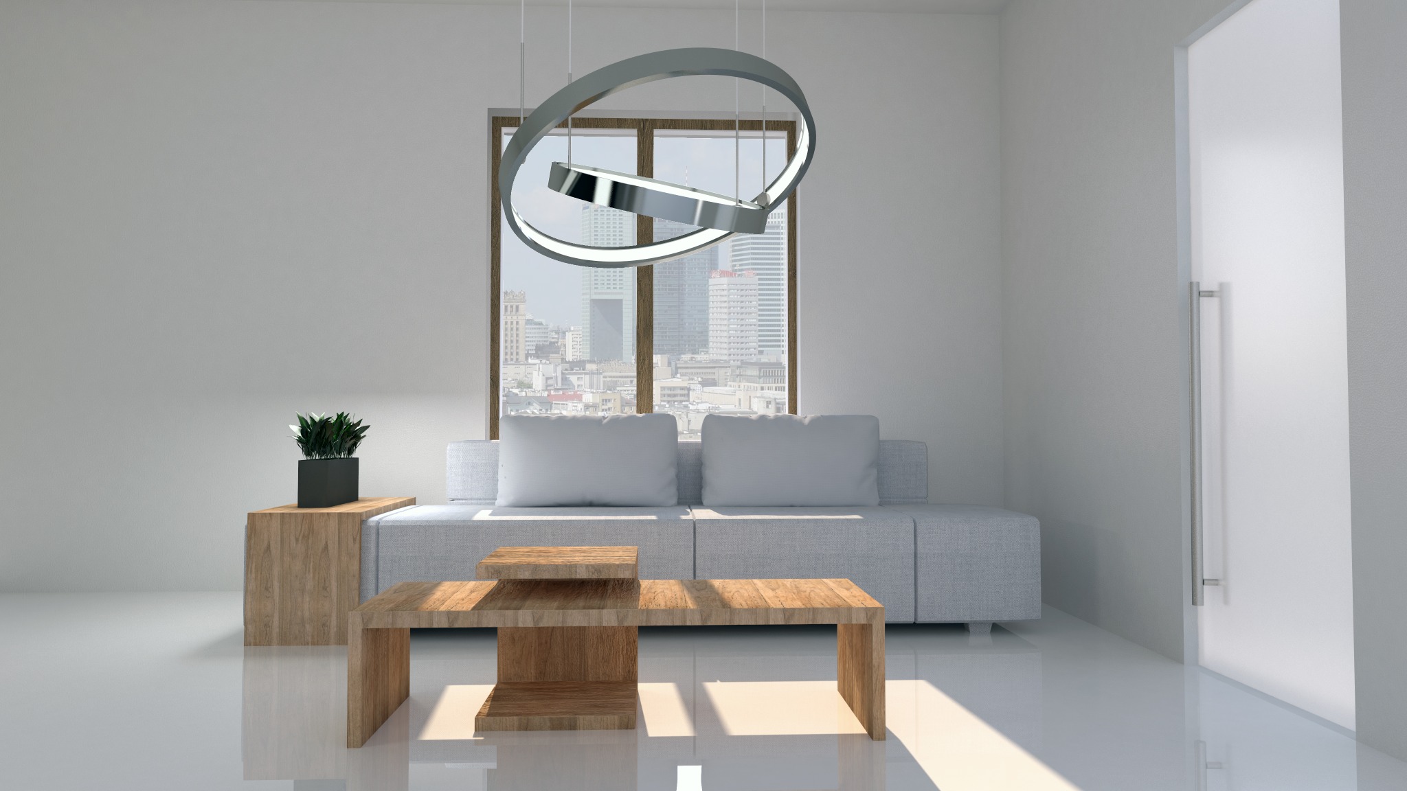 Jasne wnętrze z szarą sofą, drewnianym stolikiem kawowym i nowoczesną lampą pierścieniową, widok na miasto za oknem.