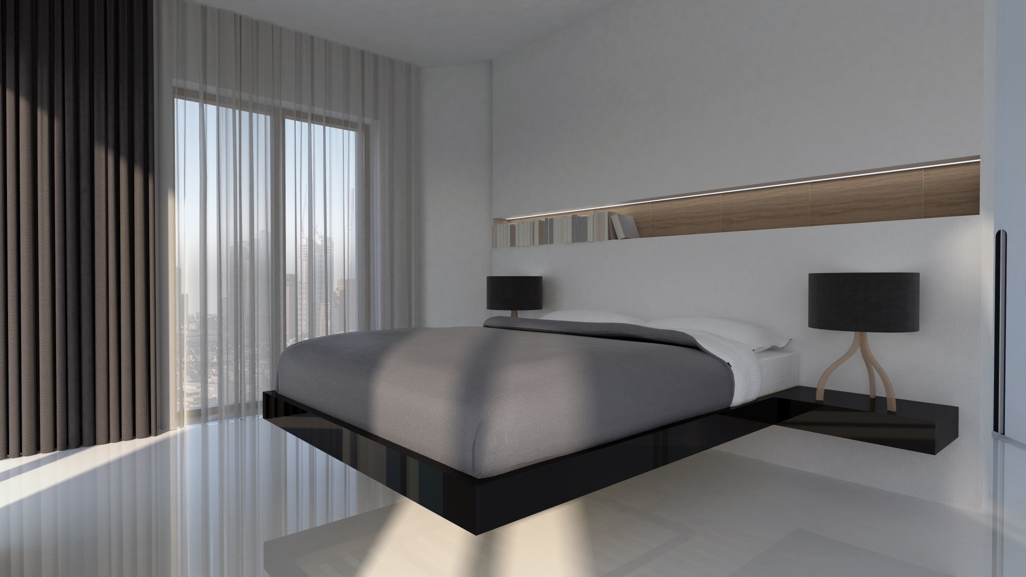 Minimalistyczna sypialnia z łóżkiem na czarnej platformie, szare zasłony w oknie z widokiem na miasto, półka nad łóżkiem z oświetleniem LED i książkami, lampki nocne z drewnianymi podstawami.