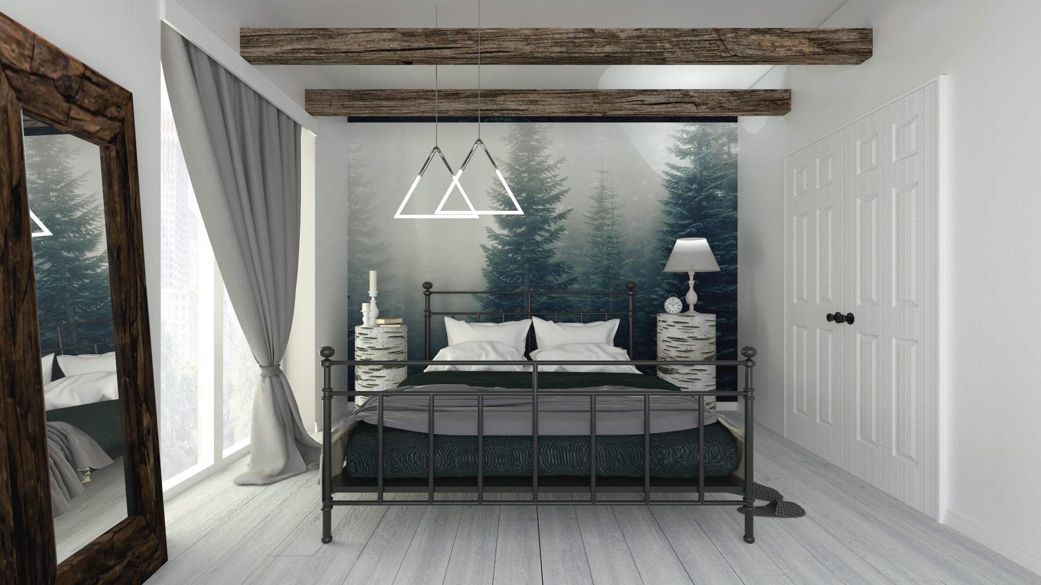 Sypialnia z łóżkiem z metalową ramą, tapetą z motywem leśnym, lampkami nocnymi na stolikach z pniaków brzozy i drewnianymi belkami na suficie, widoczna w lustrze z ramą z surowego drewna.