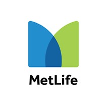 Logo MetLife: stylizowana litera 'M' w kolorach niebieskim i zielonym, nakładające się na siebie elementy, nazwa firmy poniżej.