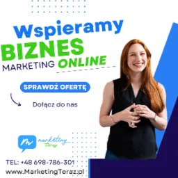 Promocja usług wsparcia biznesu i marketingu online z uśmiechniętą kobietą na jasnym tle z niebieskimi akcentami, logo firmy i danymi kontaktowymi.