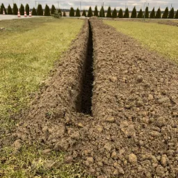 Świeżo wykopany, wąski rów w trawie w Witaszycach, z ziemią ułożoną wzdłuż krawędzi, ciągnący się w kierunku rzędu drzew iglastych i pochmurnego nieba.