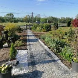 Ścieżka z kostki granitowej prowadząca przez ogród w kierunku bramy, z widocznymi donicami z kwiatami i rozsypanym białym kamieniem.