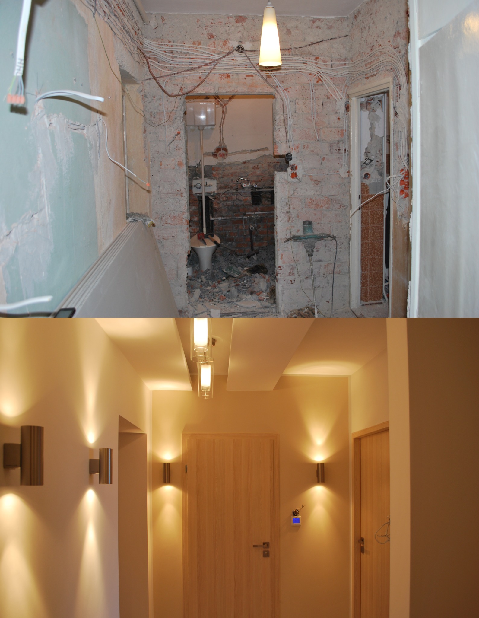 Porównanie stanu przed i po remoncie łazienki i korytarza: od surowych ścian z instalacjami do wykończonego wnętrza z oświetleniem i gładkimi ścianami.