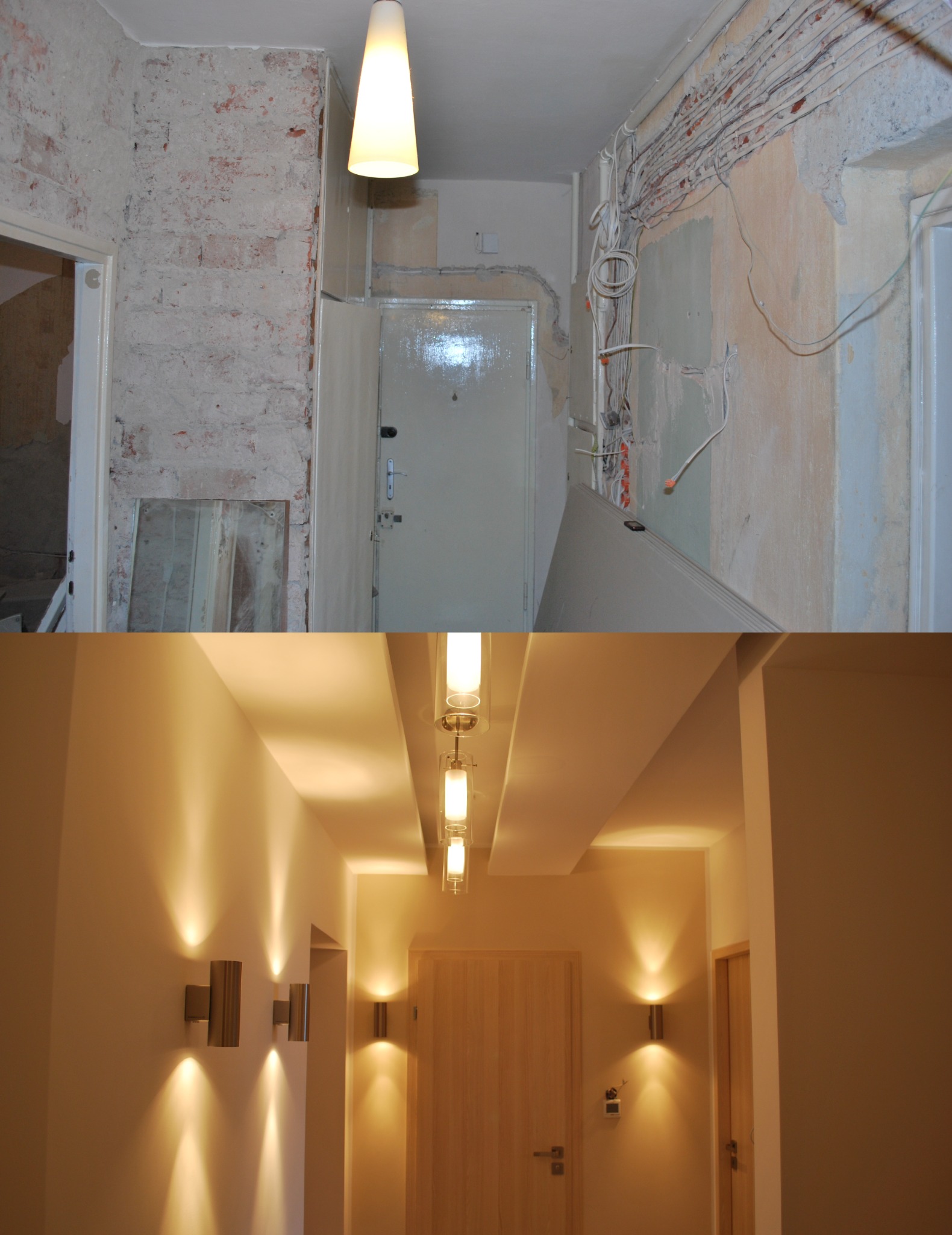 Przedpokój w trakcie remontu: surowa cegła, odkryte przewody elektryczne zestawione z wykończonym, oświetlonym korytarzem z gładkimi ścianami i nowoczesnymi lampami.