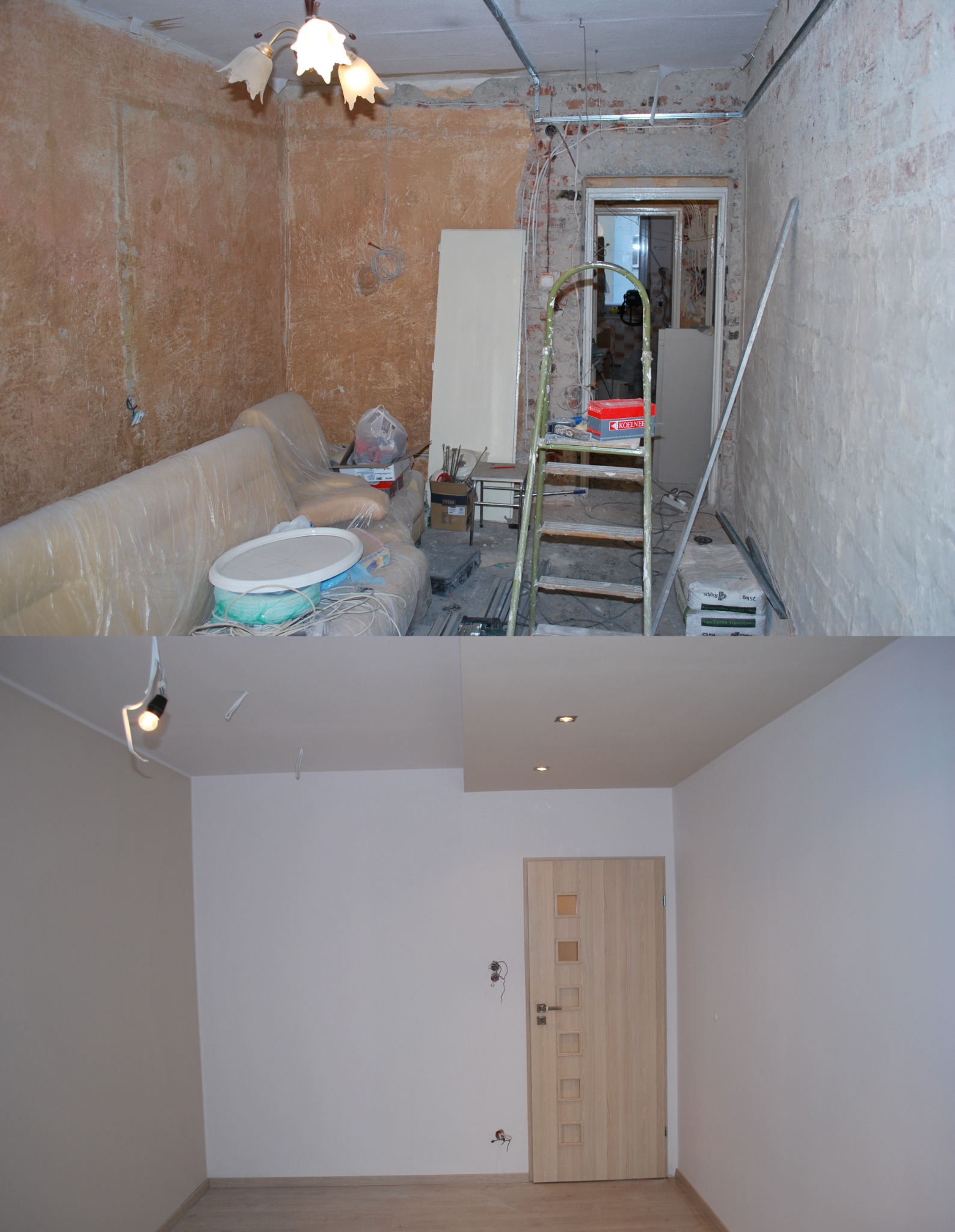 Dwuetapowy widok pokoju: górna część ukazuje pokój w trakcie remontu z odsłoniętą cegłą, gładzią na ścianach, zabezpieczonym meblem folią i drabiną; dolna część prezentuje ten sam pokój po remoncie...