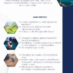 Grafika reklamowa z pytaniem 'Dlaczego kredyt?', hasłem 'Same korzyści' i opisem zalet, takich jak holistyczne podejście, nowoczesne narzędzia, dostęp do instytucji finansowych, pomoc w wyborze...