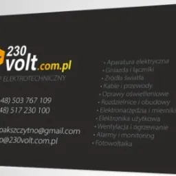 Wizytówka sklepu elektrotechnicznego 230volt.com.pl z logo, numerami telefonów, adresami e-mail oraz listą asortymentu: aparatura elektryczna, gniazda, źródła światła, kable, oprawy oświetleniowe...