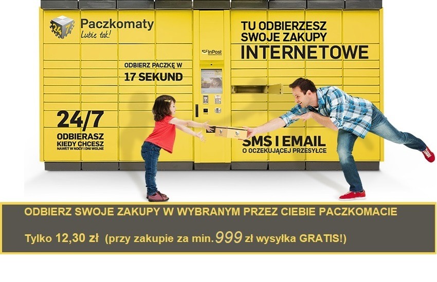 Ojciec przekazuje paczkę córce przy żółtym paczkomacie InPost z napisem 'Odbierz swoje zakupy internetowe', promocja na odbiór w 17 sekund i informacja o wysyłce gratis przy zakupie za min. 999 zł.