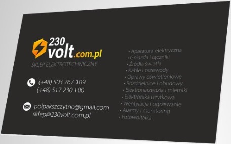 Wizytówka sklepu elektrotechnicznego 230volt.com.pl z logo, numerami telefonów, adresami e-mail oraz listą asortymentu: aparatura elektryczna, gniazda, źródła światła, kable, oprawy oświetleniowe...